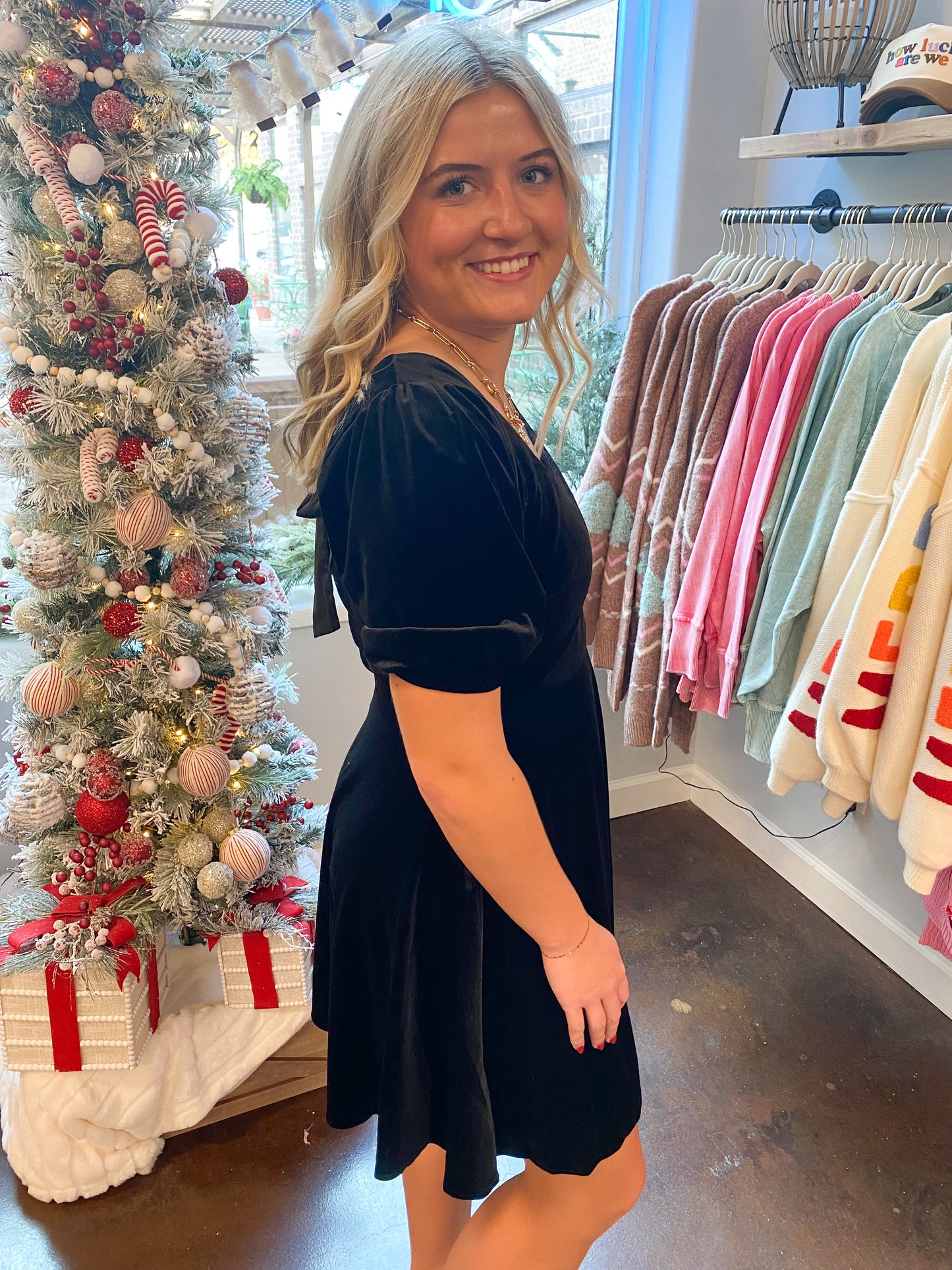 Square Neck Satin Tie Back Velvet Skater Dress