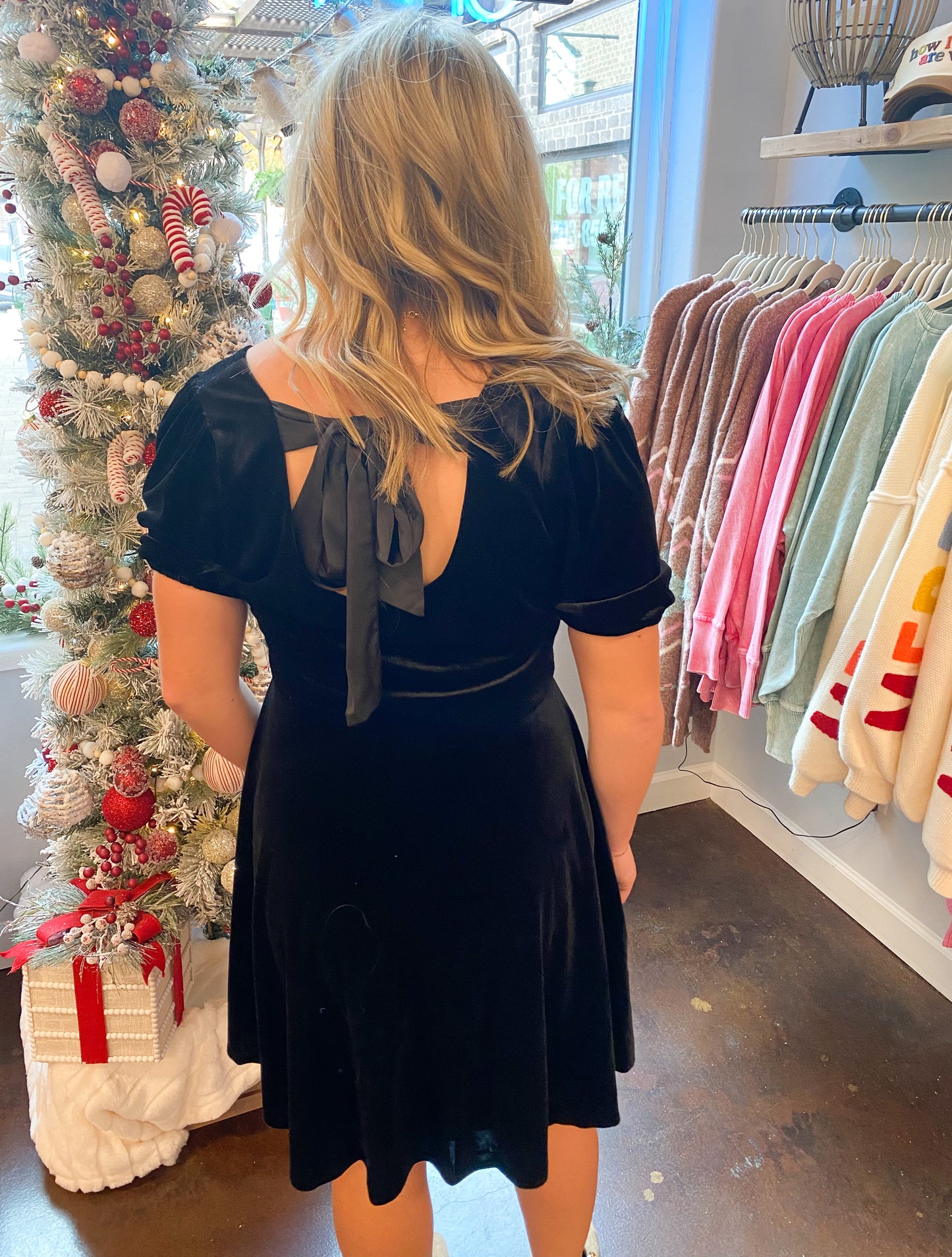 Square Neck Satin Tie Back Velvet Skater Dress