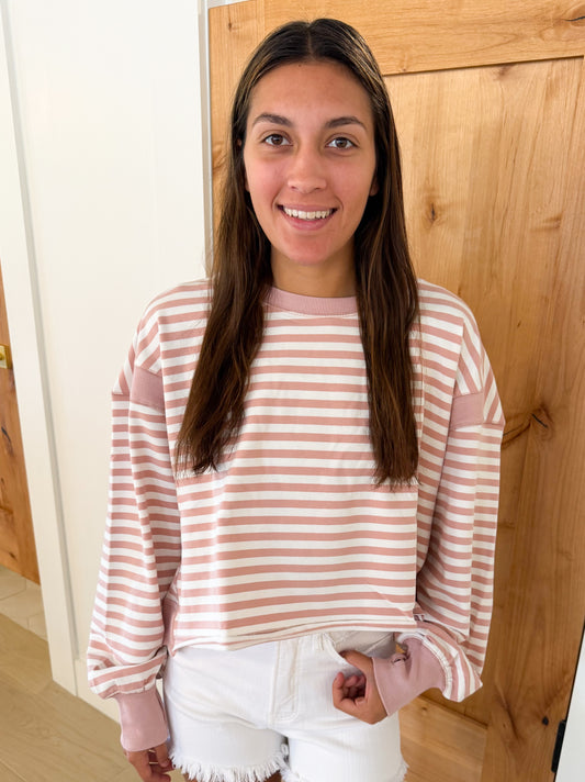 Striped Open Back Long Sleeve, Pink