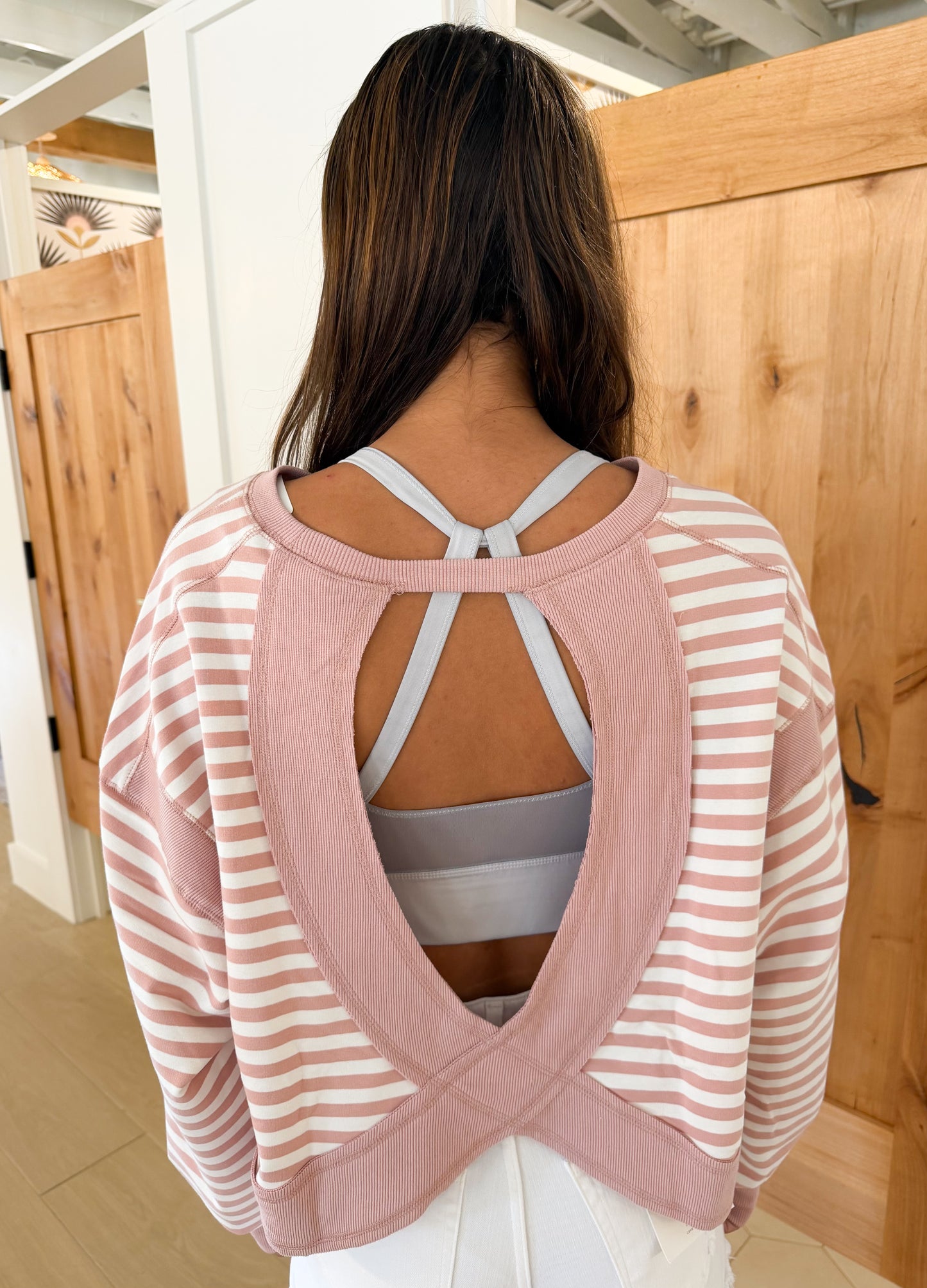 Striped Open Back Long Sleeve, Pink