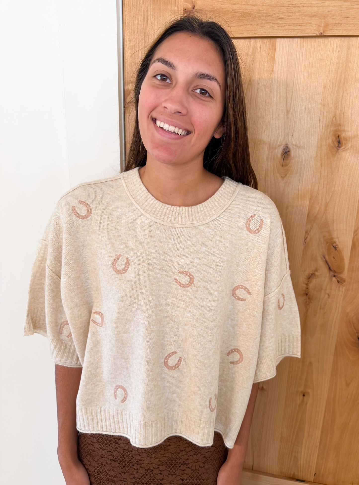 Horse Shoe Embroidered Short Sleeve Sweater