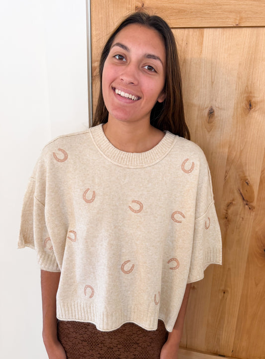 Horse Shoe Embroidered Short Sleeve Sweater