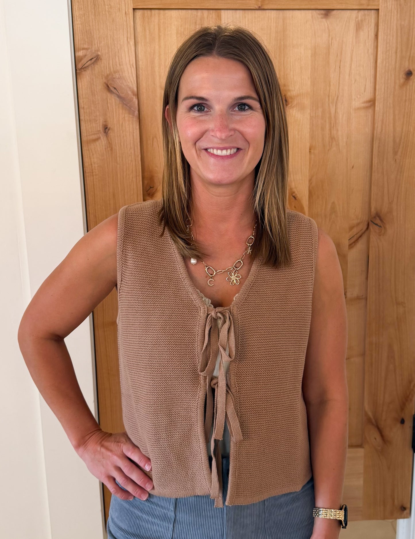 Tie Front Sleeveless Sweater Vest, Coco