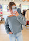 Boat Neck Raw Edge Long Sleeve Cropped Knit Top, Slate Blue