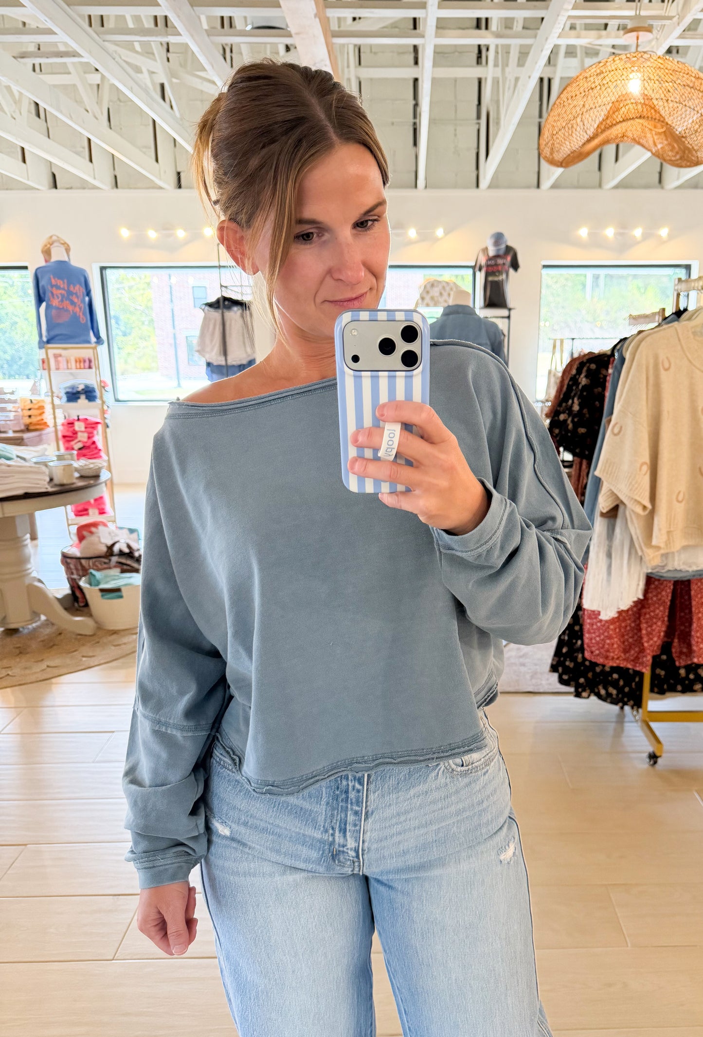 Boat Neck Raw Edge Long Sleeve Cropped Knit Top, Slate Blue