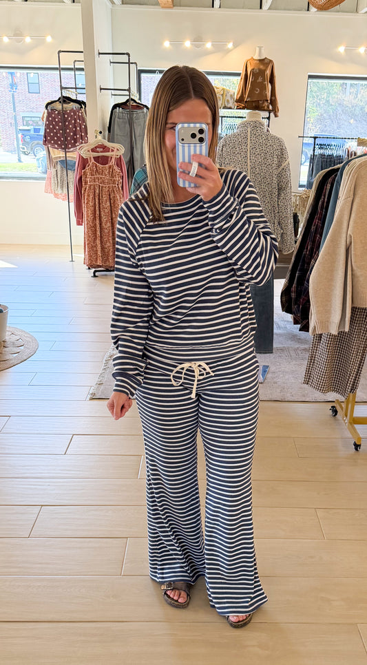 Low Rise Striped Waffle Knit Pants, Navy