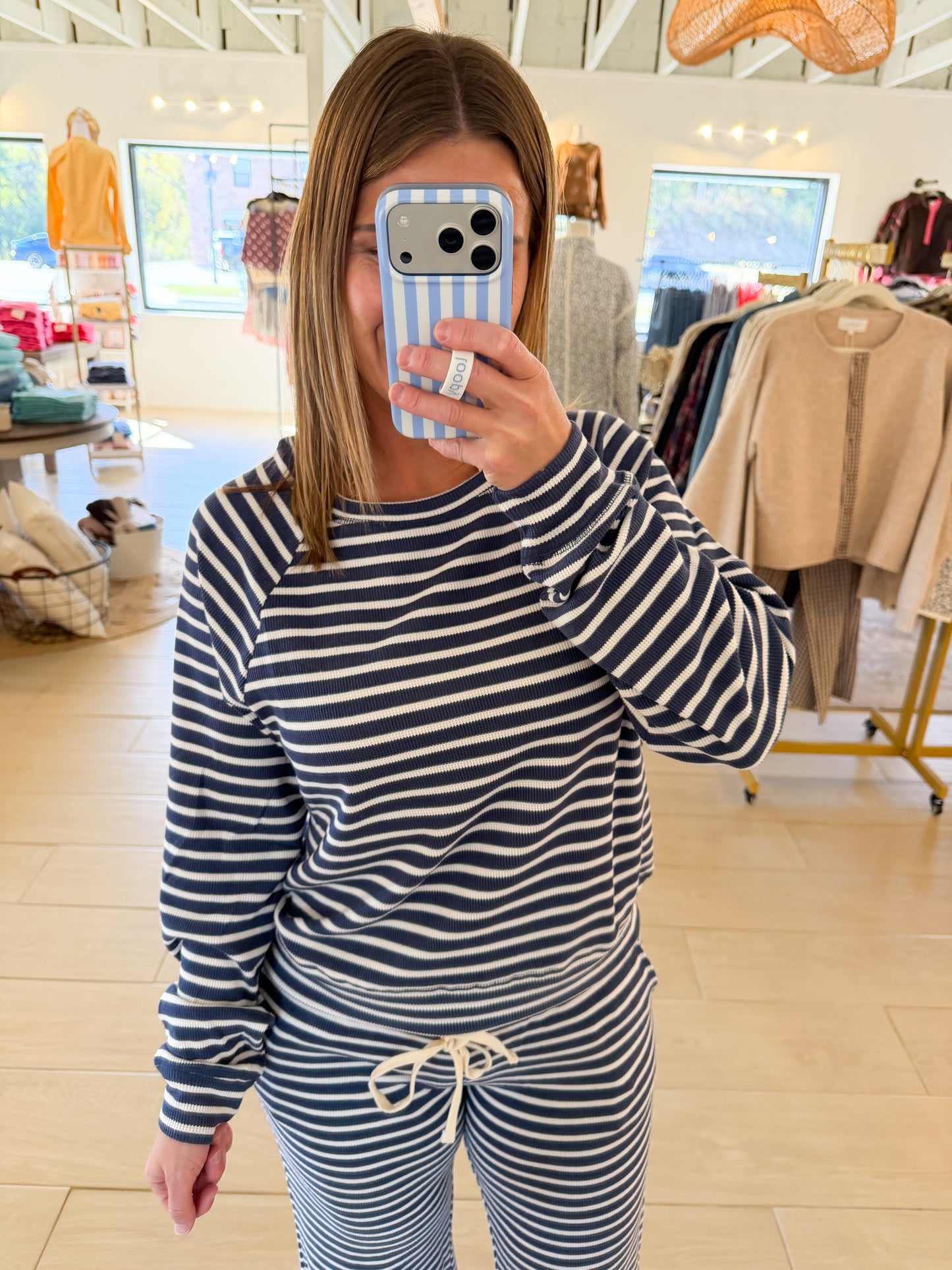 Striped Waffle Knit Raglan Top, Navy