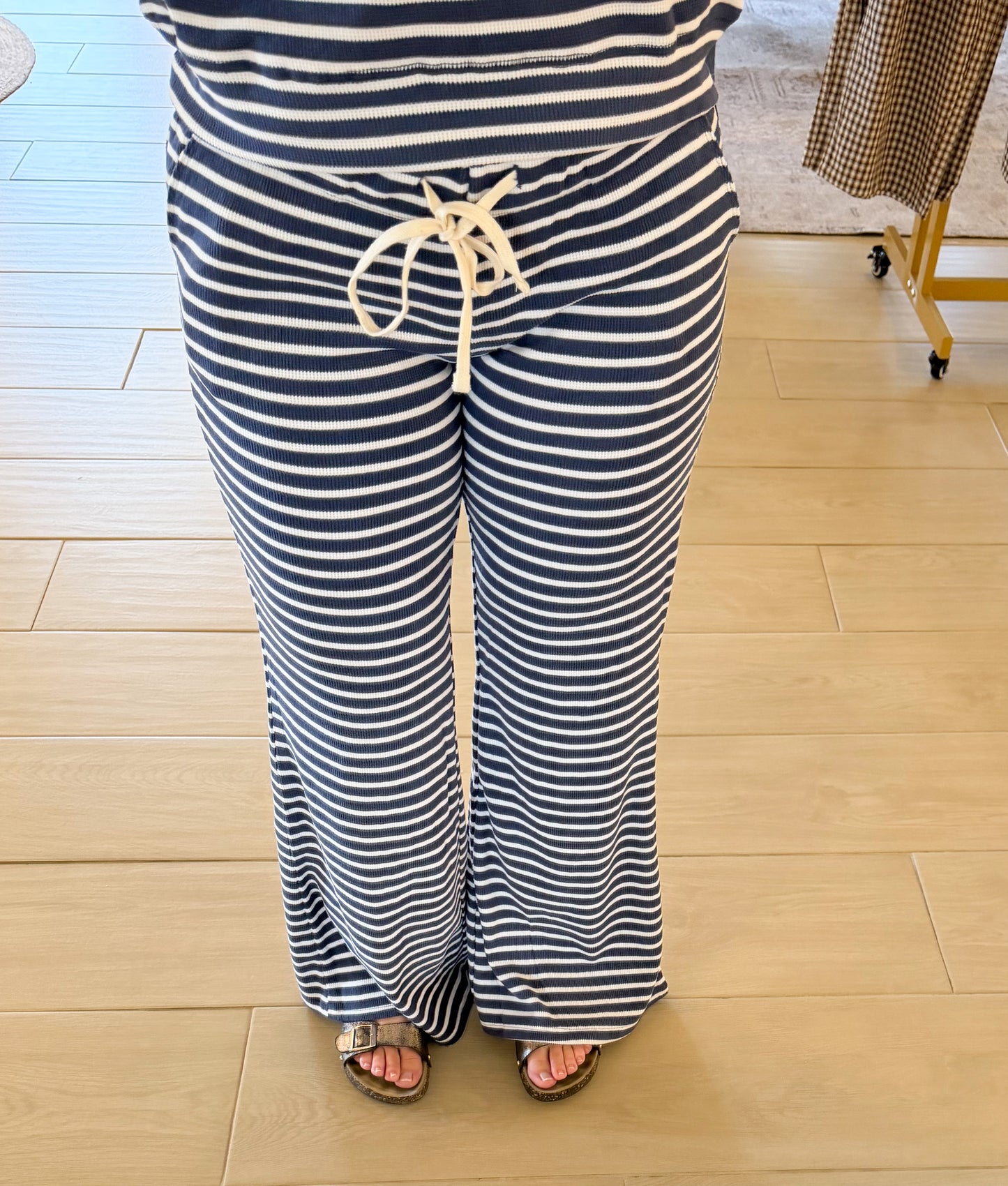 Low Rise Striped Waffle Knit Pants, Navy