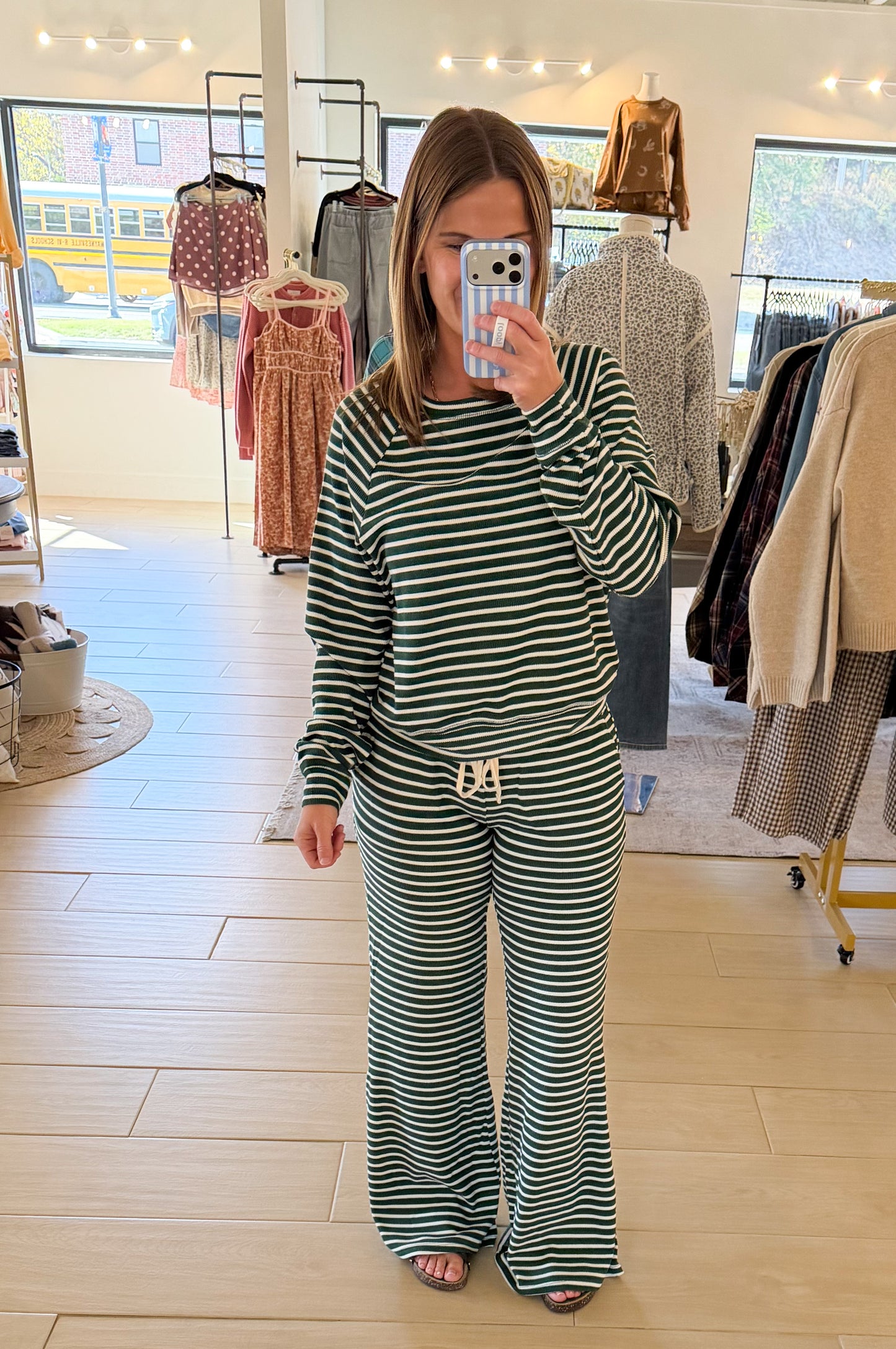Low Rise Striped Waffle Knit Pants, Green