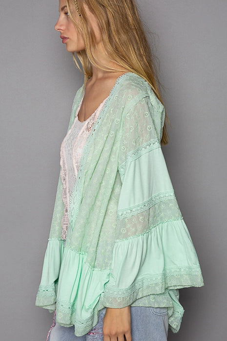 Lace Trim Long Flare Sleeve Embroidered Open Cardigan, Lime Green