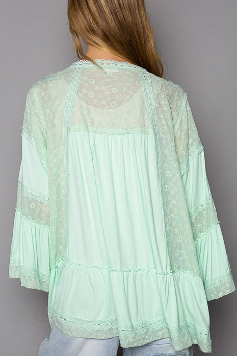 Lace Trim Long Flare Sleeve Embroidered Open Cardigan, Lime Green