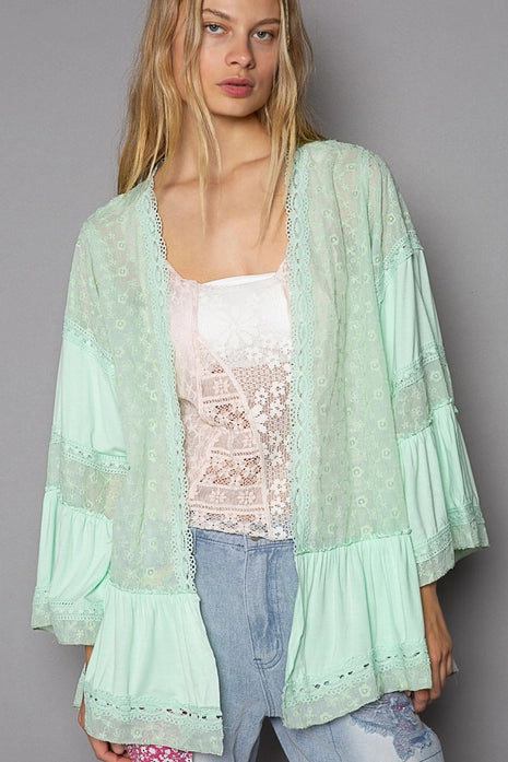 Lace Trim Long Flare Sleeve Embroidered Open Cardigan, Lime Green