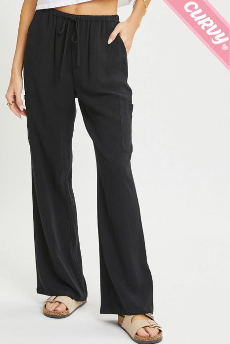 Plus Linen Pull On Pants, Black