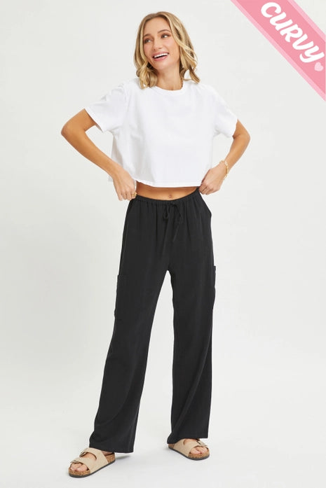 Plus Linen Pull On Pants, Black