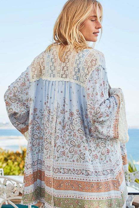 Long Sleeve Print Woven Lace Paisley Open Cardigan