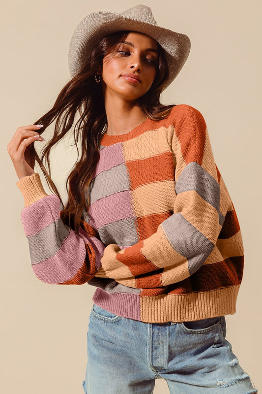 Multi Color Stripe Half Block Sweater