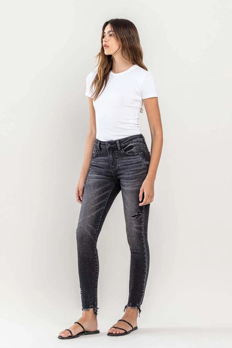 Vervet Mid Rise Uneven Raw Hem Crop Skinny Jeans, Black