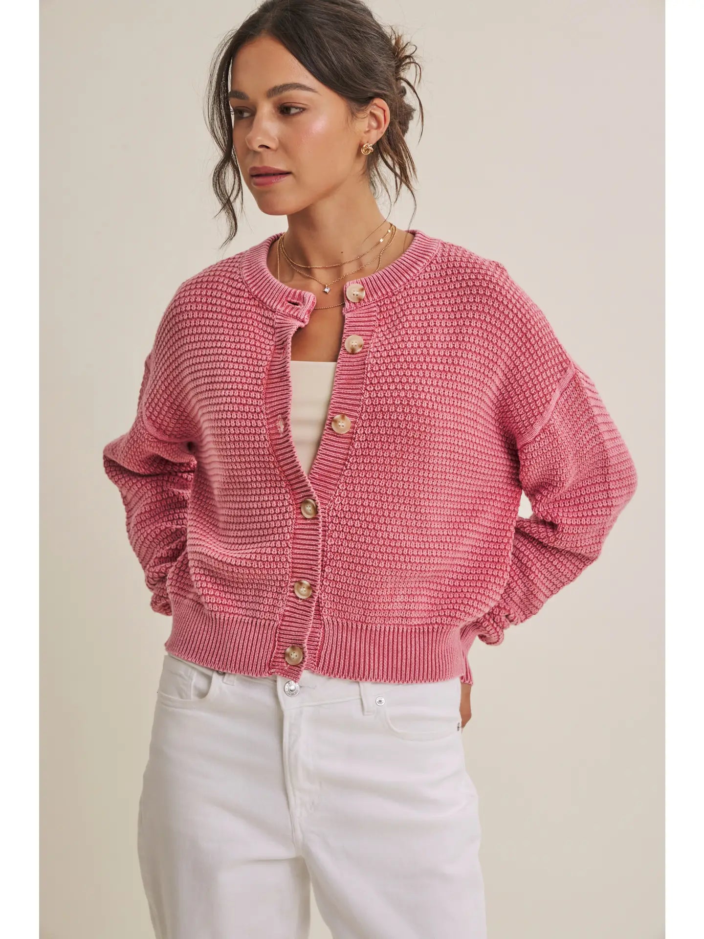 Mineral-Washed Waffle Button-Down Cardigan, Pale Mauve