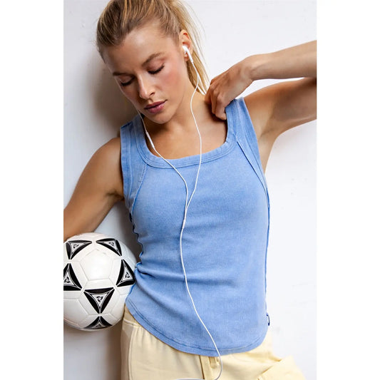 Mineral Washed Cotton Rib Tank, Aqua Splash