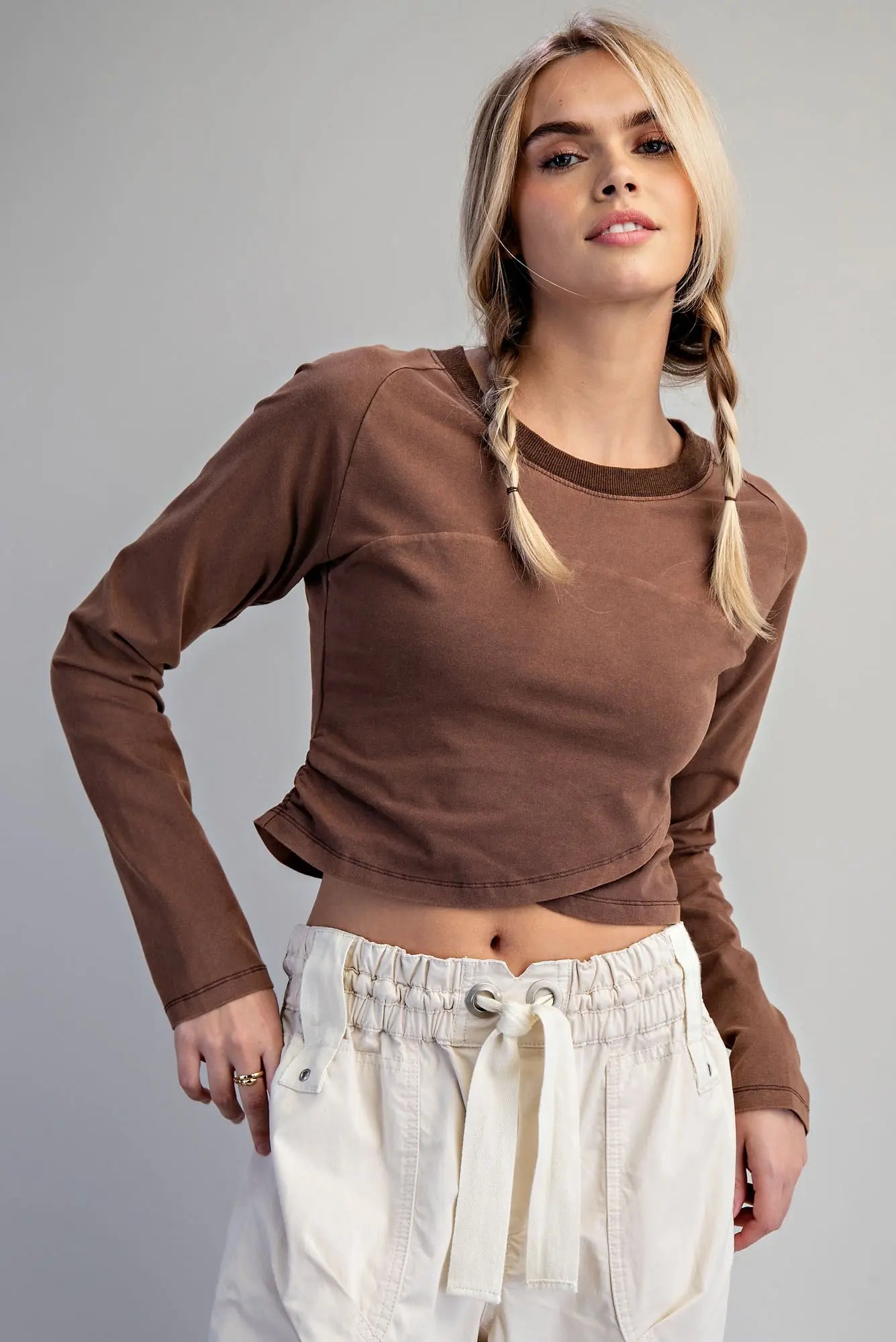 Mineral Washed Cropped Long Sleeve Top, Brown