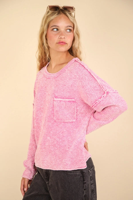 Mineral Washed Knit Oversized Sweater, Pink