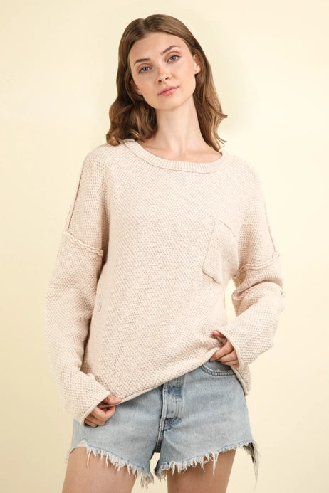 Mineral Washed Knit Oversized Sweater Pullover Top, Beige