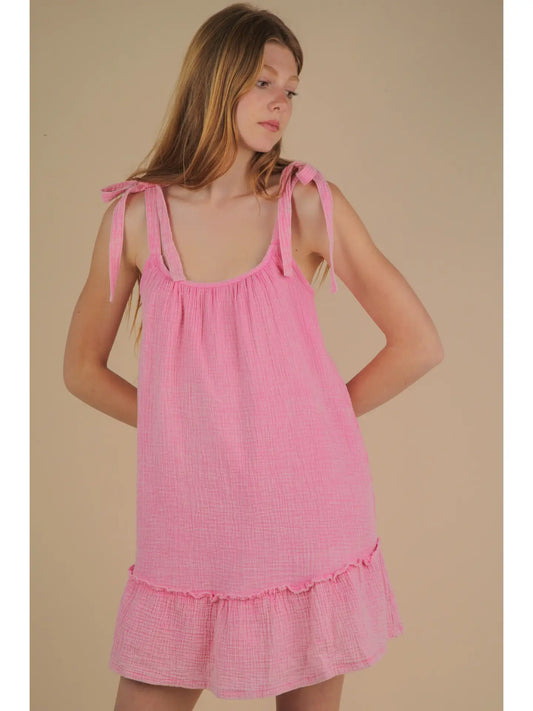 Mineral Washed Shoulder Tie Mini Dress, Pink