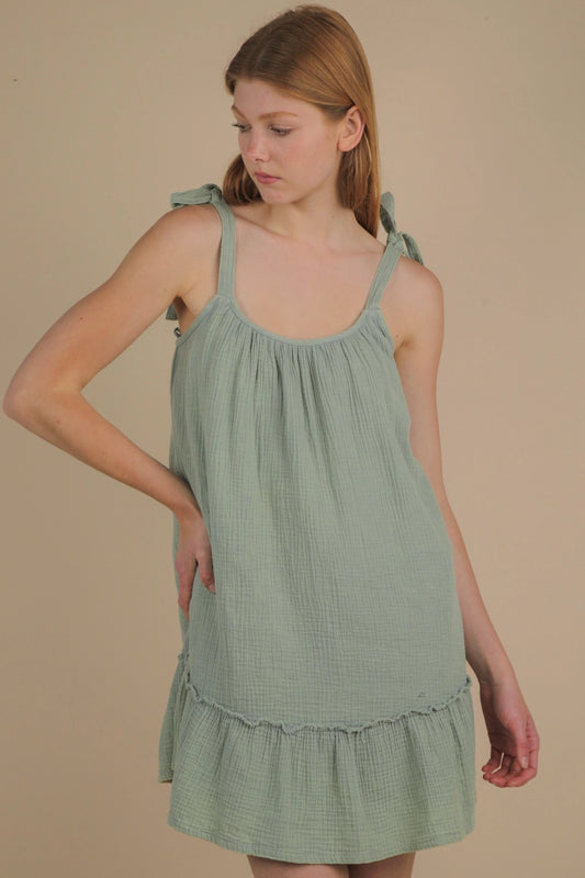 Mineral Washed Shoulder Tie Mini Dress, Sage