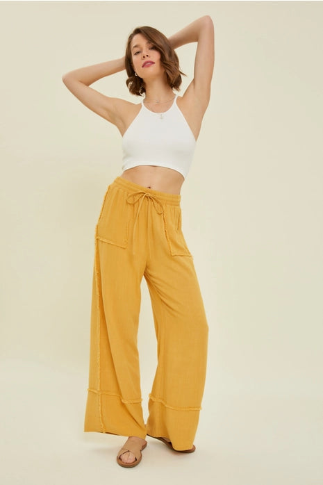 Plus-Mineral Washed Wide Leg Pants, Golden Yellow