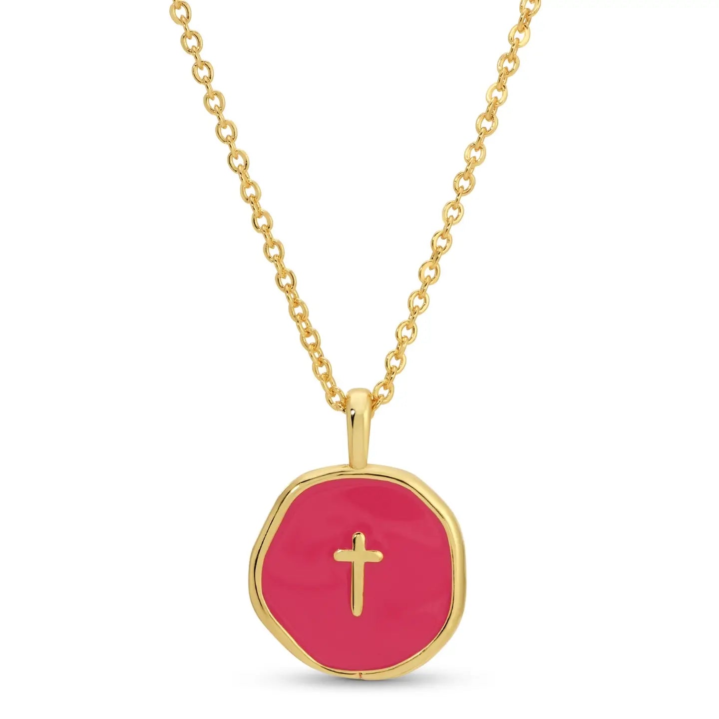Minimal Cross Medallion Necklace, Bright Pink