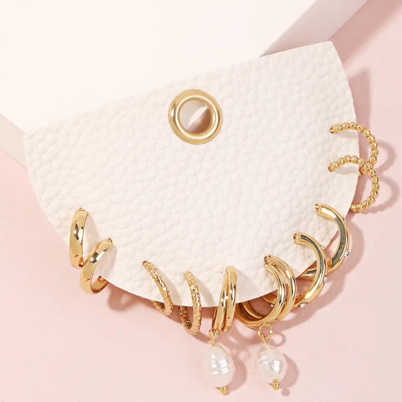 Mixed Metallic Hoop Earrings Set, 5 Pair Gold