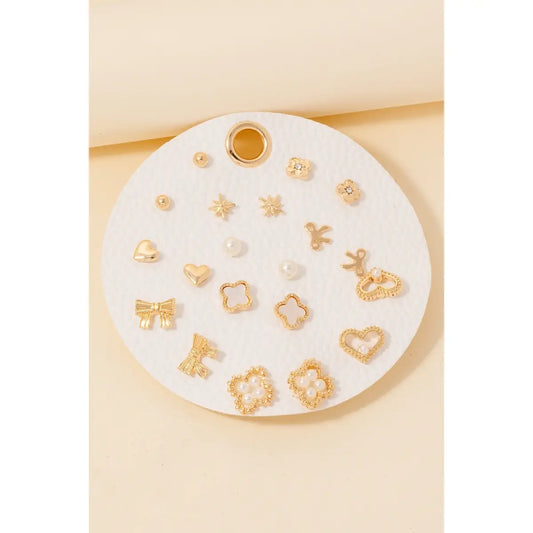 Mixed Ribbons and Pearl Clover Stud Earrings Set