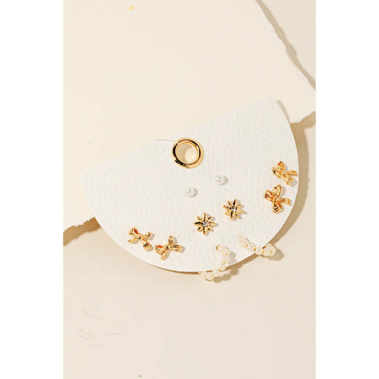 Mixed Stud and Hoop Earrings Set, Bow & Pearl