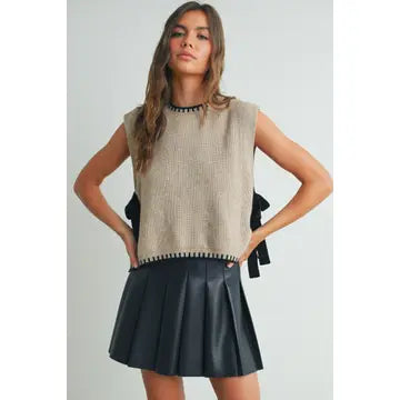 Mock Neck Sleeveless Sweater, Taupe/Black