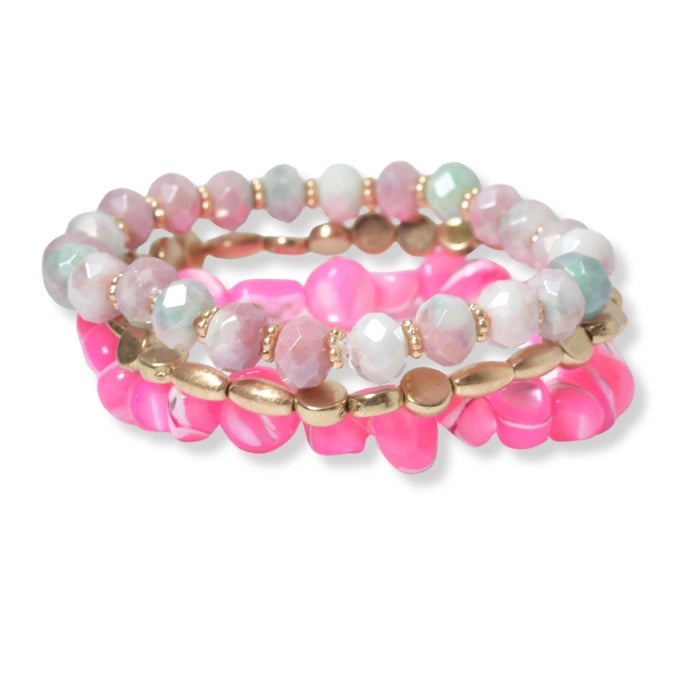 Multi Resin Multi Layered Beaded Stretch Bracelet, Hot Pink