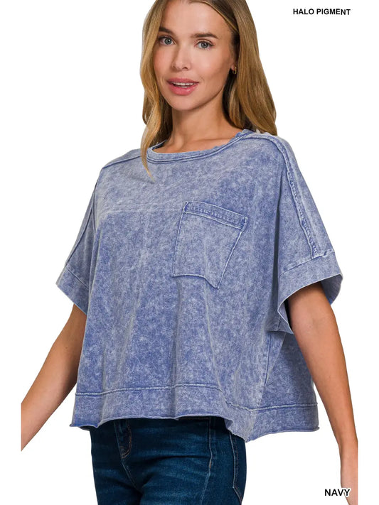 Washed Exposed Seam Oversized Tee, Navy
