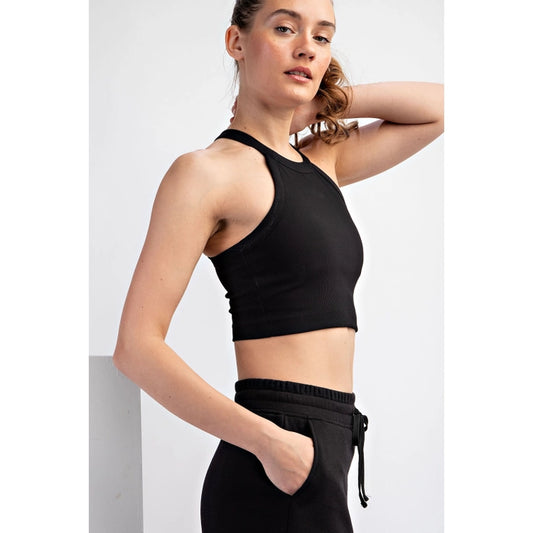 Plus- Nylon Rib Cropped Halter Tank, Black