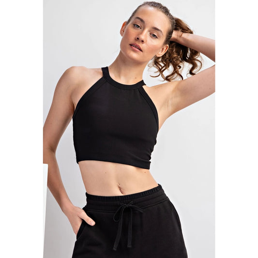 Nylon Rib Cropped Halter Tank, Black