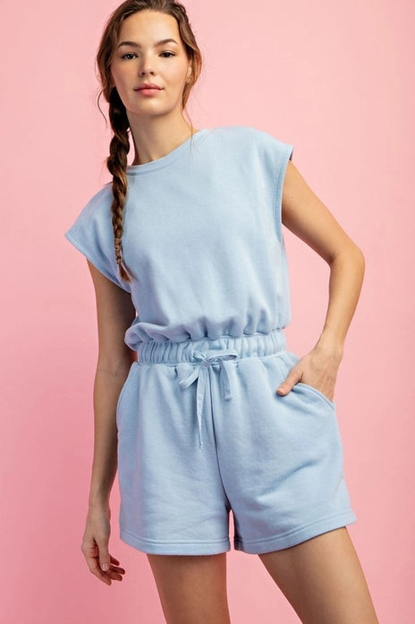 Open Back Short Sleeve Romper, Sky Blue