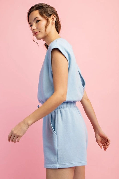 Open Back Short Sleeve Romper, Sky Blue