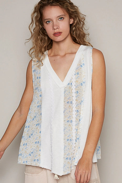 Oversize V-Neck Lace Trim Solid Floral Print Tank