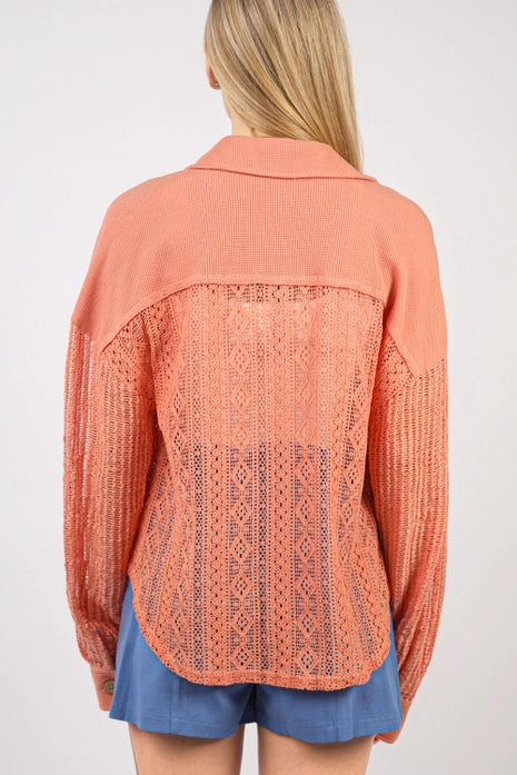 Oversized Lace Shirt Shacket, Salmon