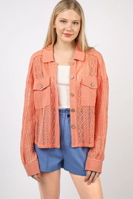 Oversized Lace Shirt Shacket, Salmon