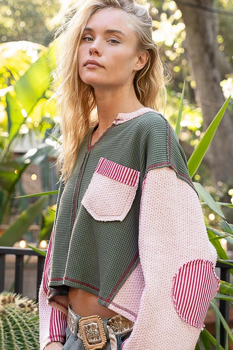 Oversized Patchwork Thermal Knit Top, Mauve