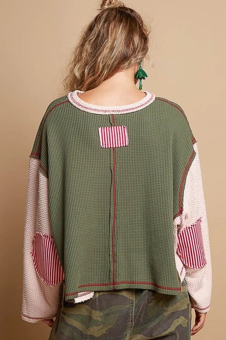 Oversized Patchwork Thermal Knit Top, Mauve