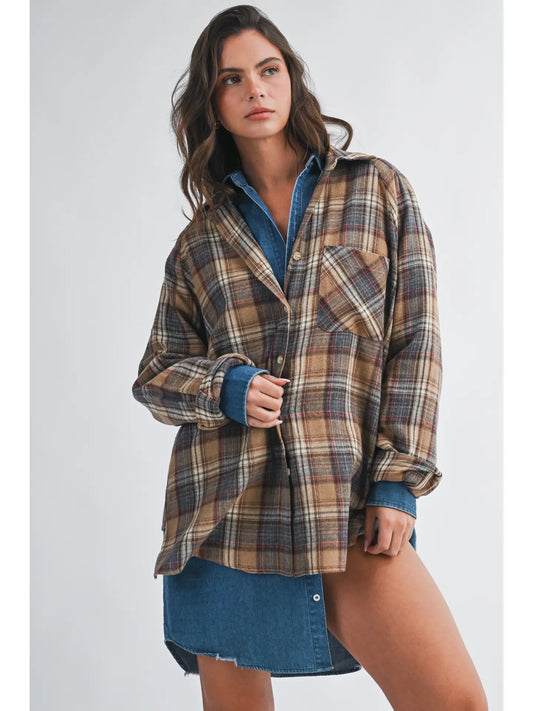 Oversized Plaid Flannel Button Down Shirt, Oat