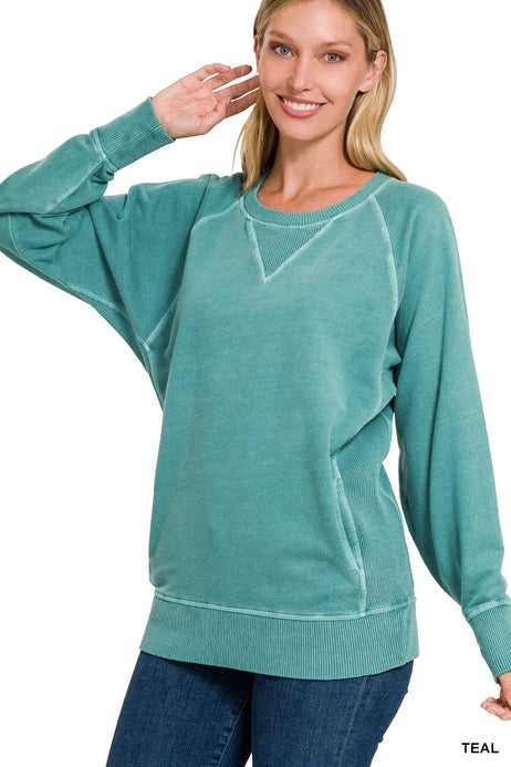 French Terry Pullover with Pockets, Teal