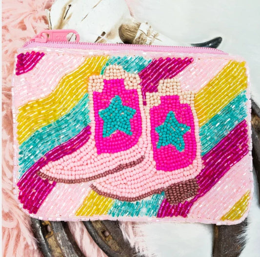 Pink Boots Beaded Coin Purse