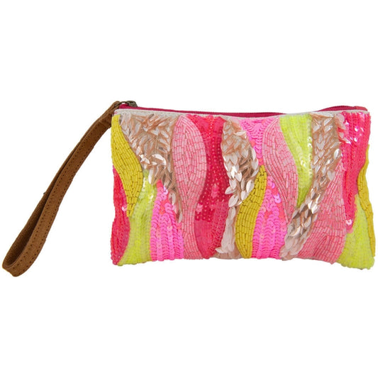 Pink/Yellow Champagne Beaded Wristlet Purse