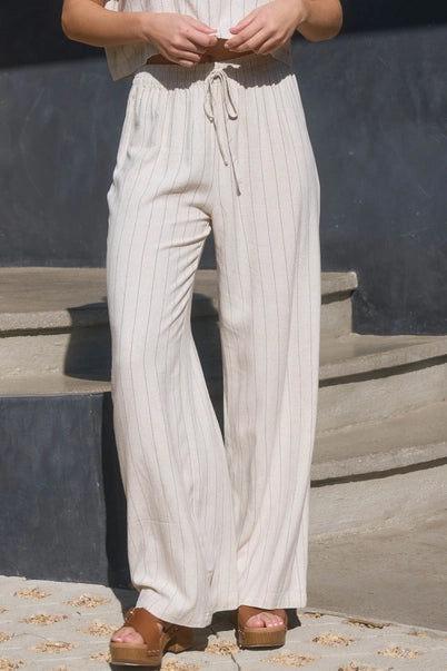 Pinstripe Wide Leg Linen Pants, Oatmeal